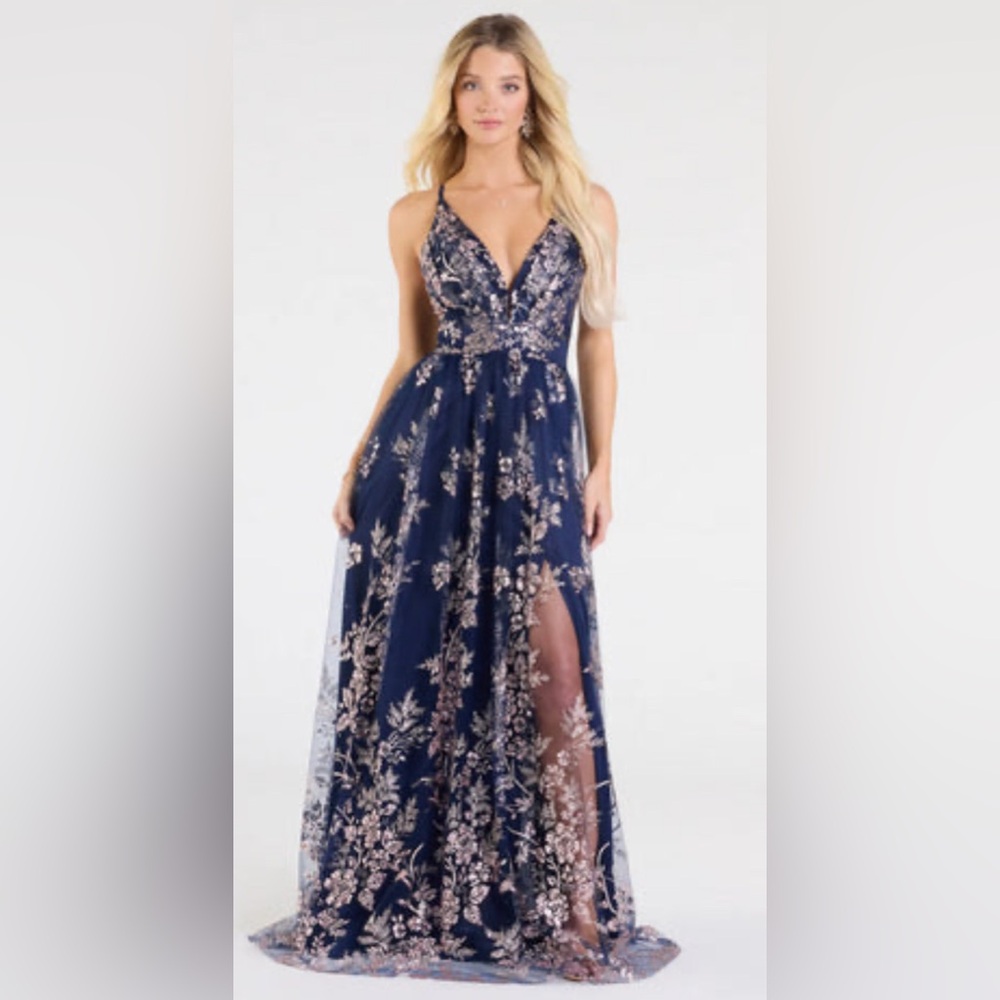 Ayva A-Line Glitter Sequin Tulle formal dress- Windsor-Navy color